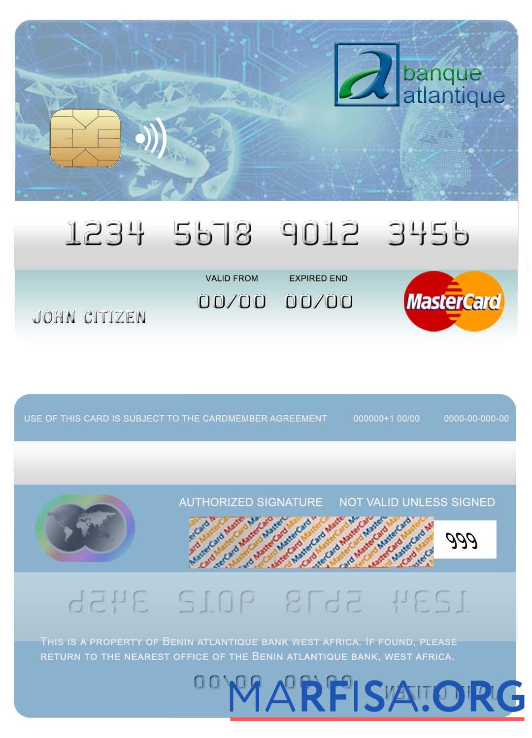 Printable Benin Atlantique bank mastercard sample
